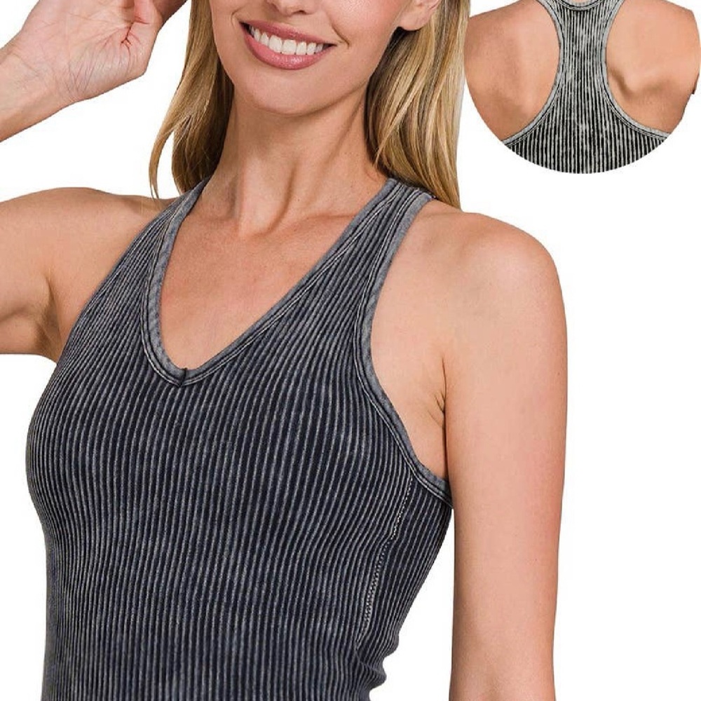 Ribbed V-Neck Racerback Tank Top - Charcoal
